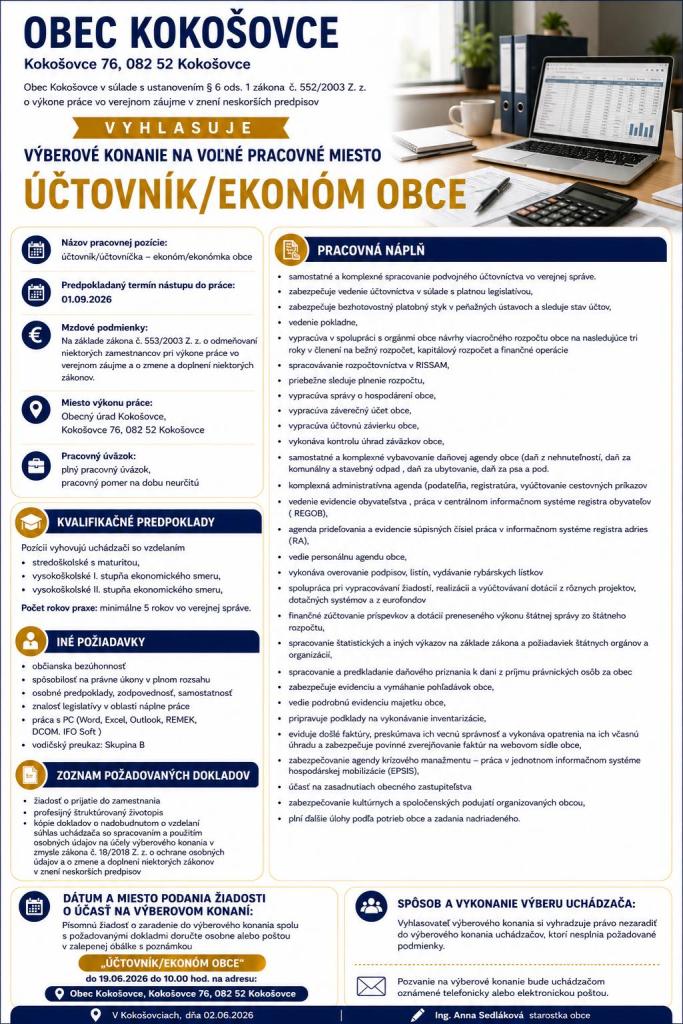 Výberové konanie na&nbsp;voľné pracovné miesto účtovník/ekonóm obce Kokošovce